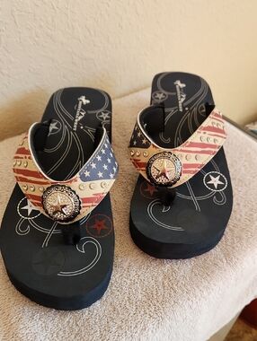 Montana West Red White Blue Flag Studded Wedge Sandals